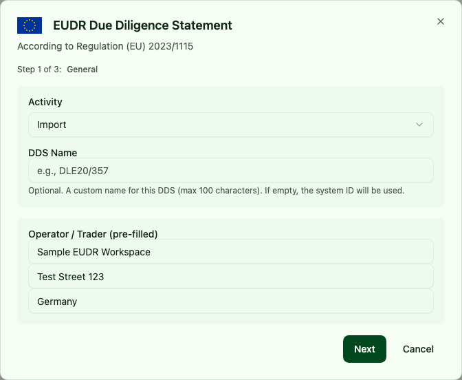 DDS wizard at step 1 with activity type and prefilled company details