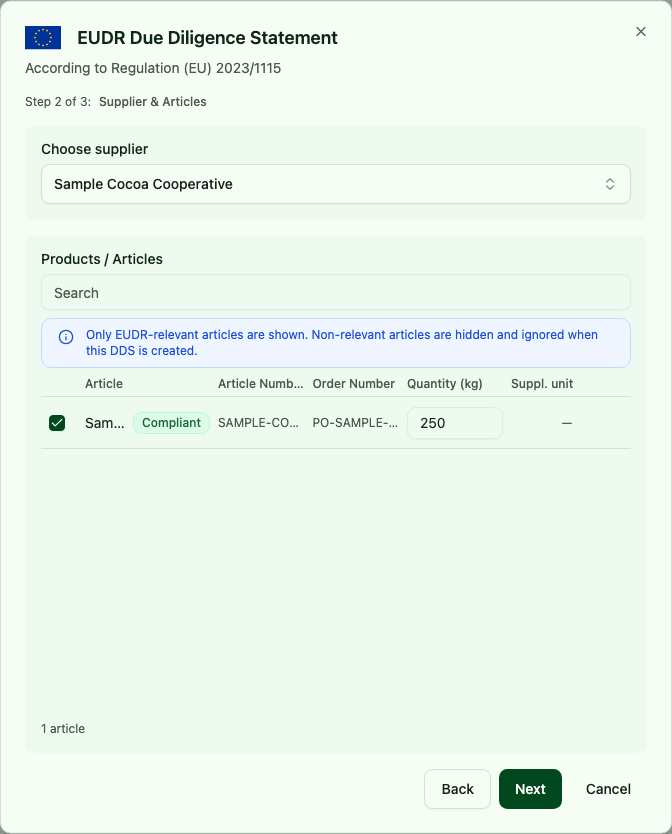 DDS wizard at step 2 with supplier, article, and quantity selection