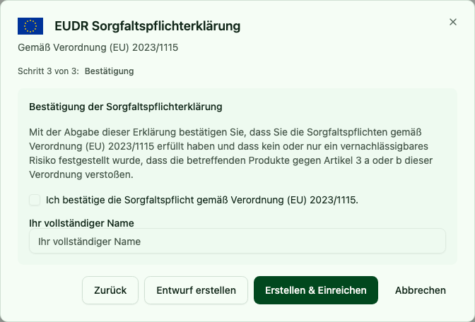 DDS-Assistent in Schritt 3 mit Sorgfaltspflichtbestätigung und Unterschrift