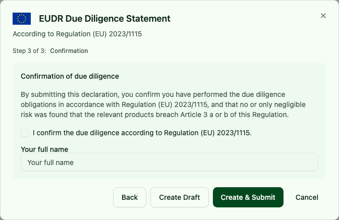 DDS wizard at step 3 with the due diligence confirmation and signature