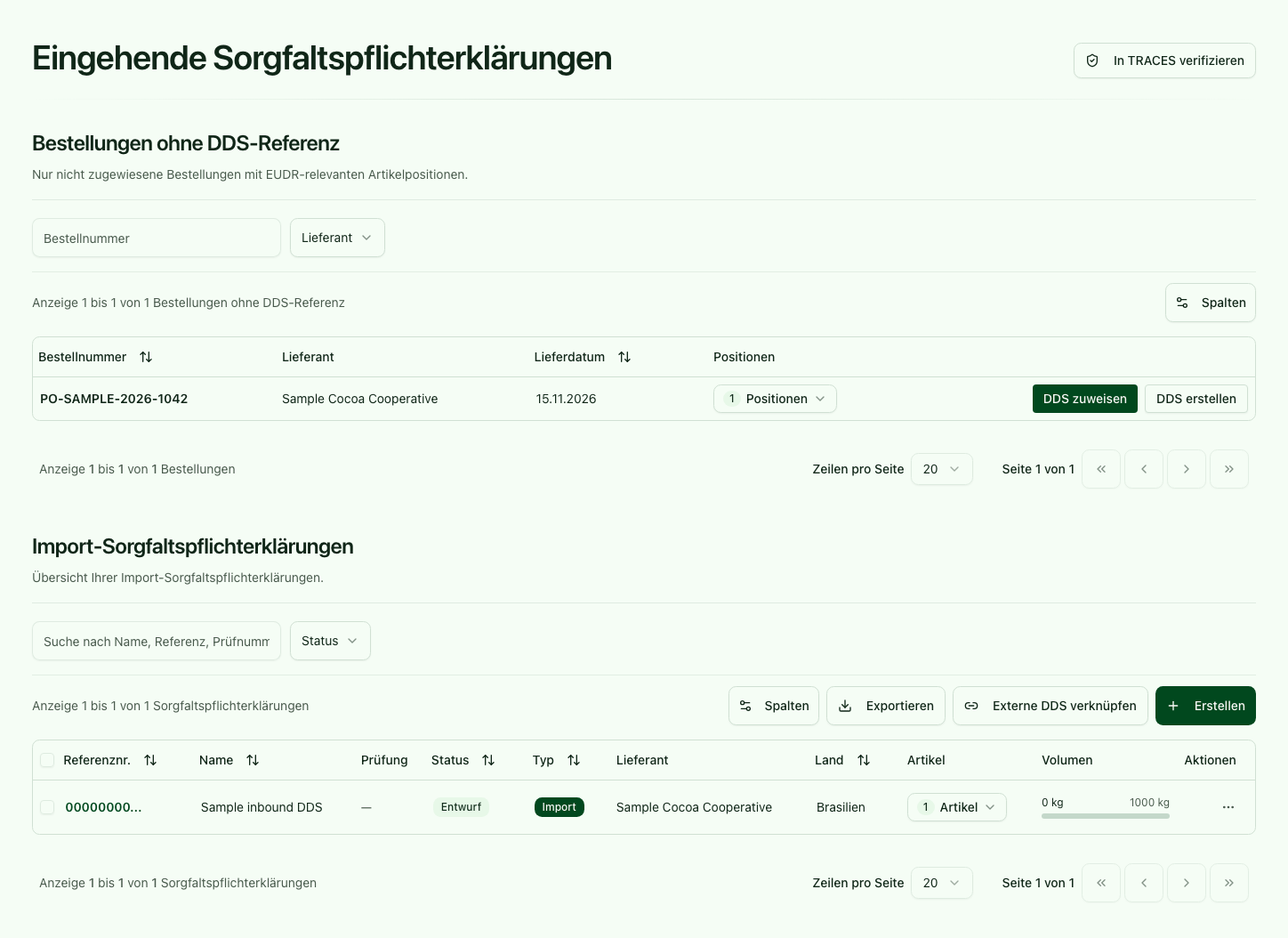 DDS-Eingangsseite mit Bestellungen ohne DDS und vorhandenen Import-Sorgfaltspflichterklärungen