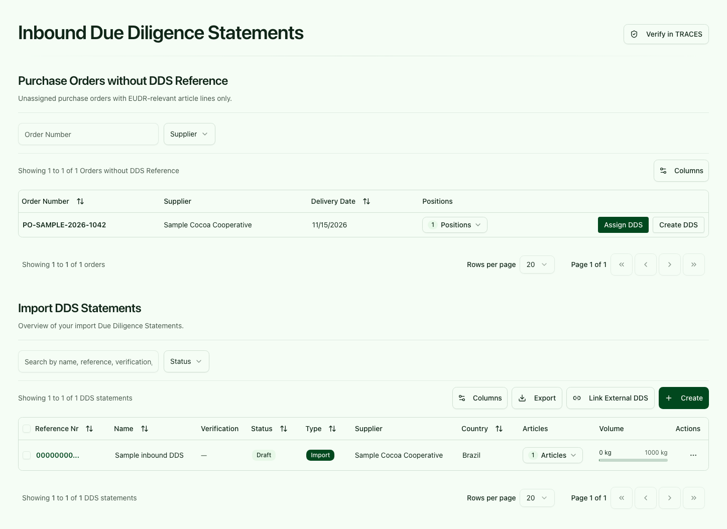 Inbound DDS page with orders without a DDS and existing import due diligence statements