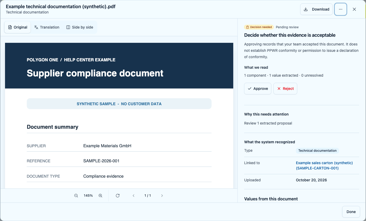 PPWR review workspace with document preview and approval decision