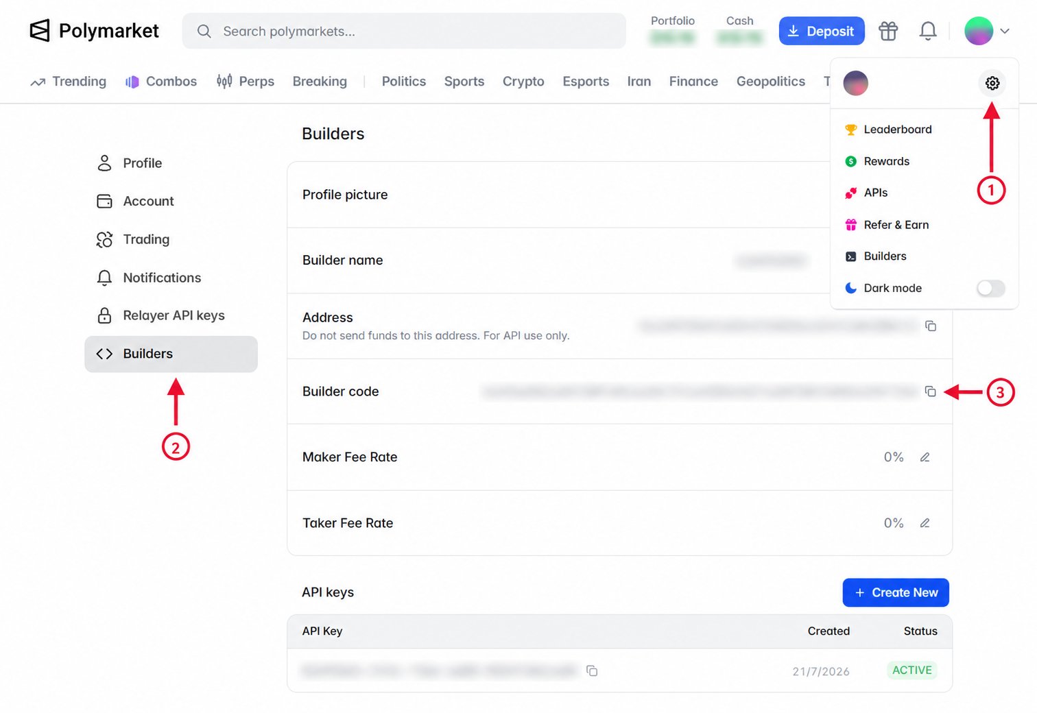 Open Settings, select Builders, and copy the Builder Code