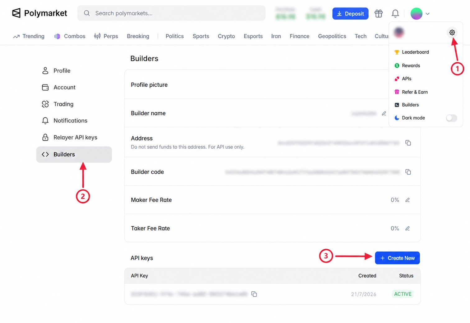 打开 Settings,选择 Builders,然后创建 Builder API 密钥