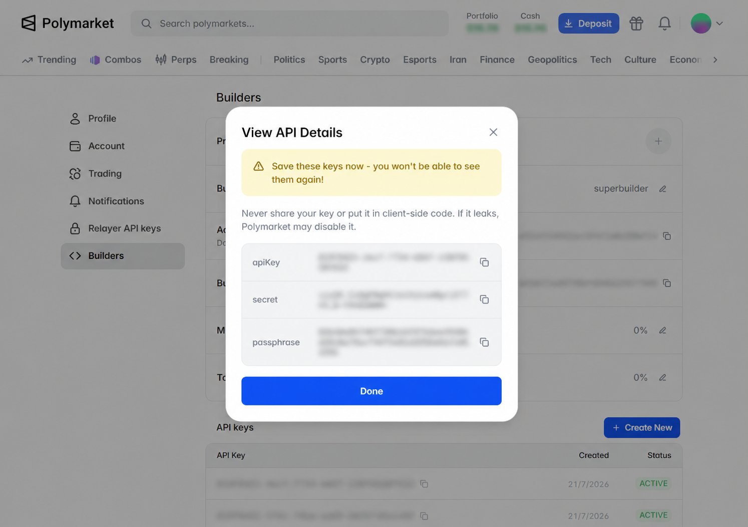 复制生成的 Builder API 密钥、密钥 Secret 和口令