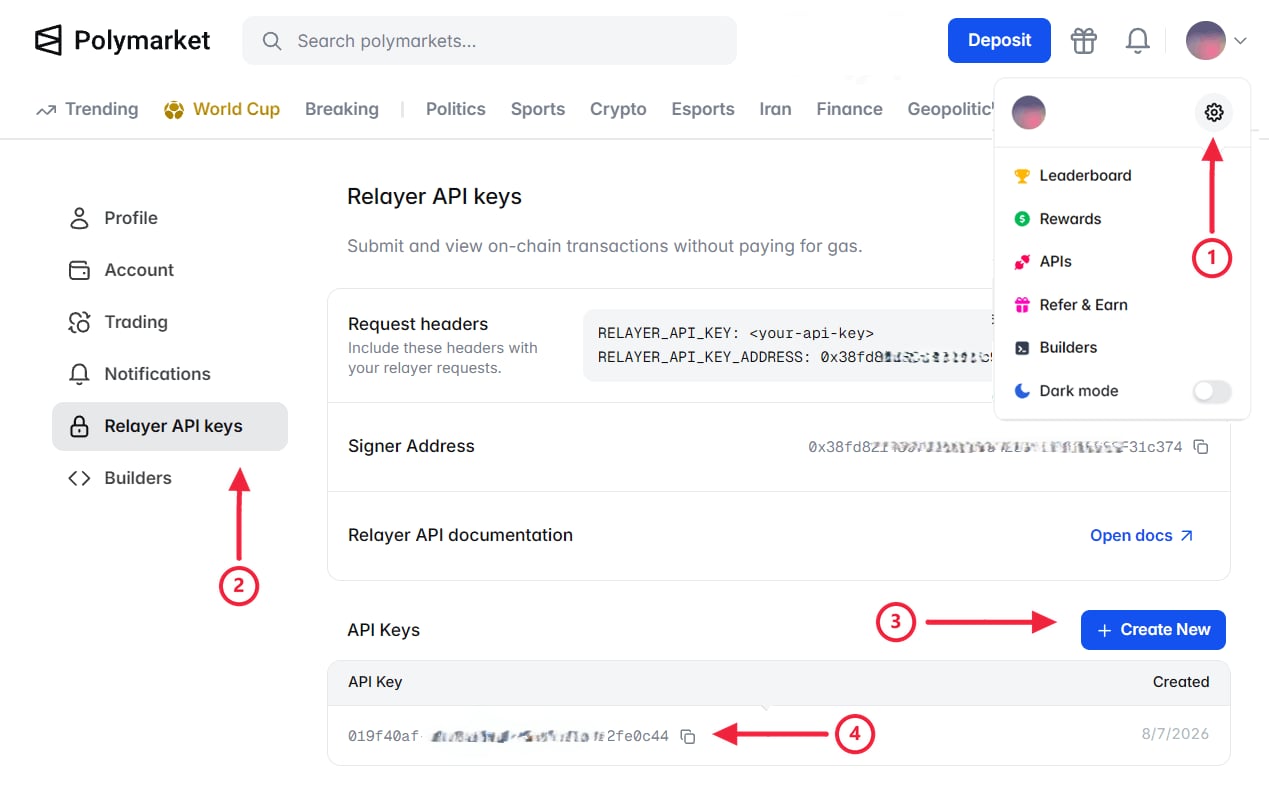 从 Polymarket 设置中创建 Relayer API 密钥