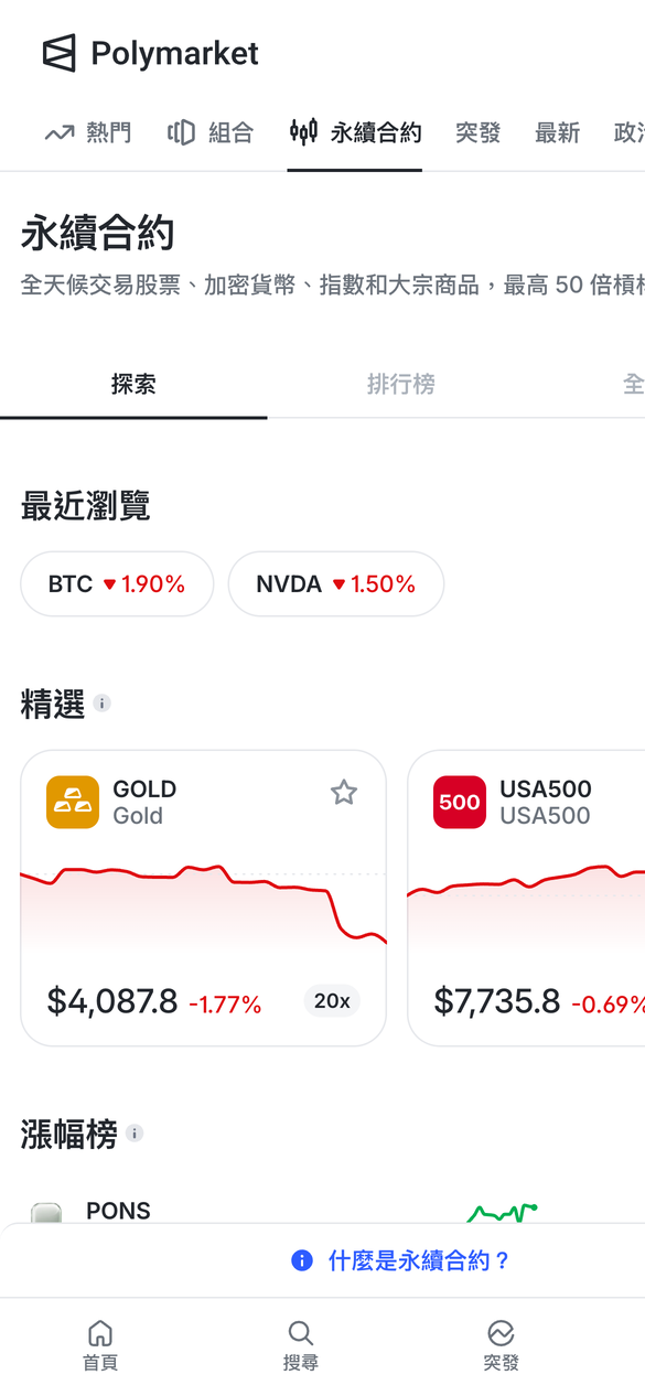 iPhone 瀏覽器打開 Polymarket 永續合約頁面，顯示黃金、USA500 等市場卡片和槓桿倍數