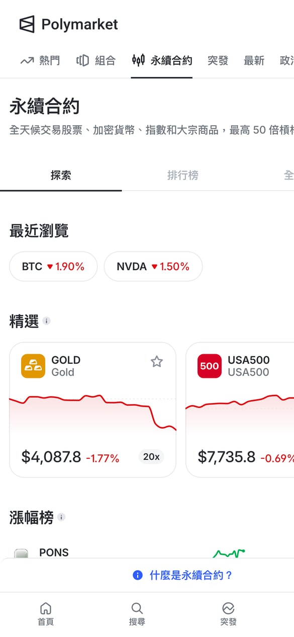 iPhone 瀏覽器打開 Polymarket 永續合約頁面,顯示黃金、USA500 等市場卡片和槓桿倍數