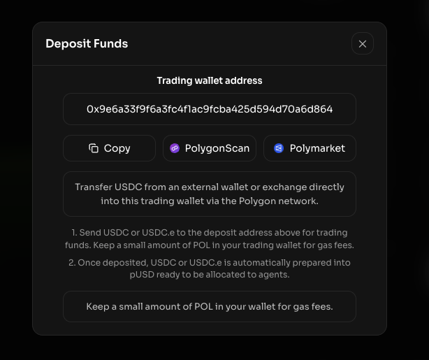 Polystreet deposit modal showing a trading wallet address.