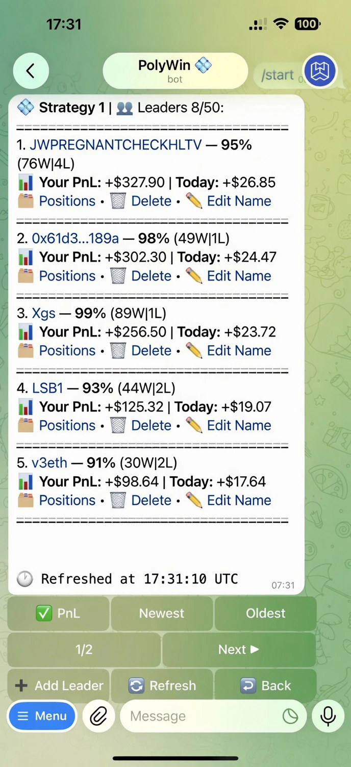Strategy expanded view — leader list