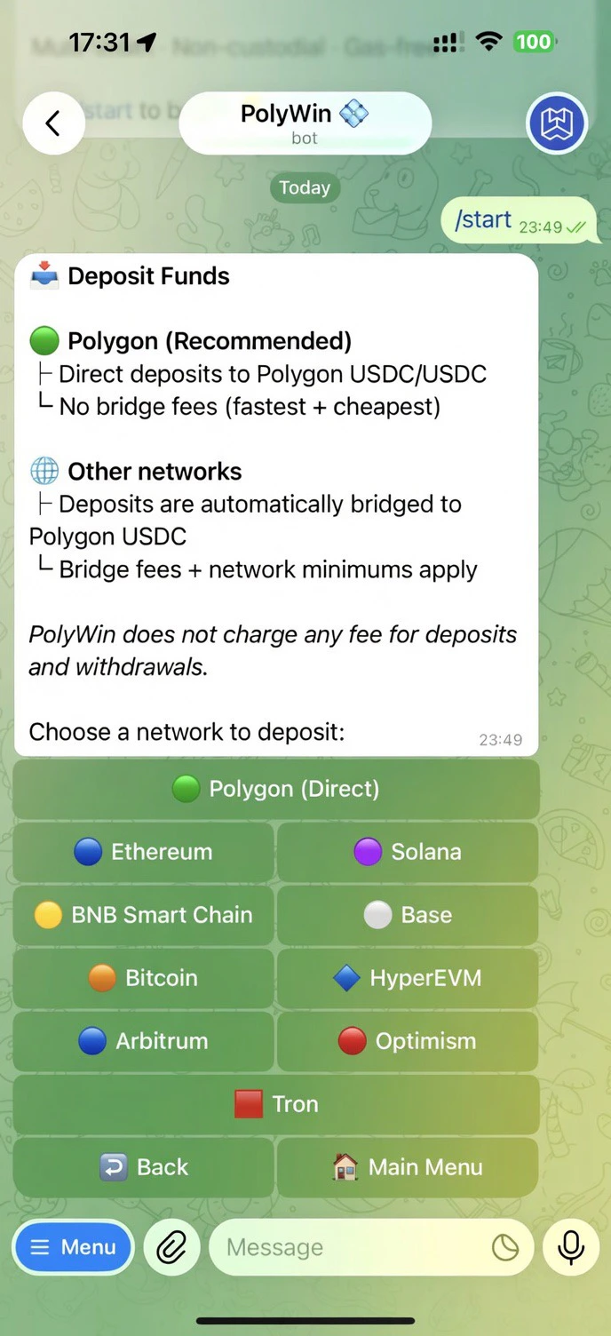 Deposit network picker — 10 supported chains