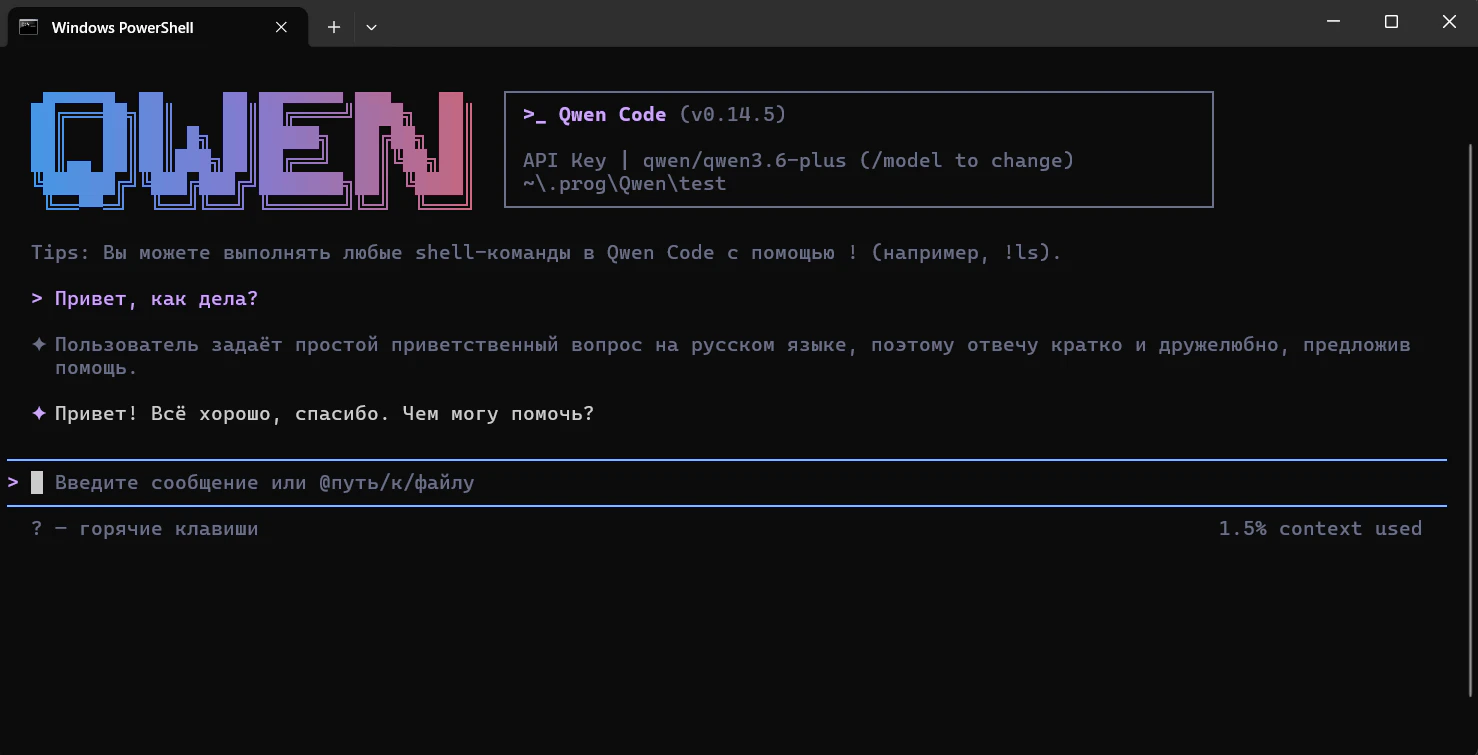 Приветственный экран Qwen Code с подключённым Polza.AI