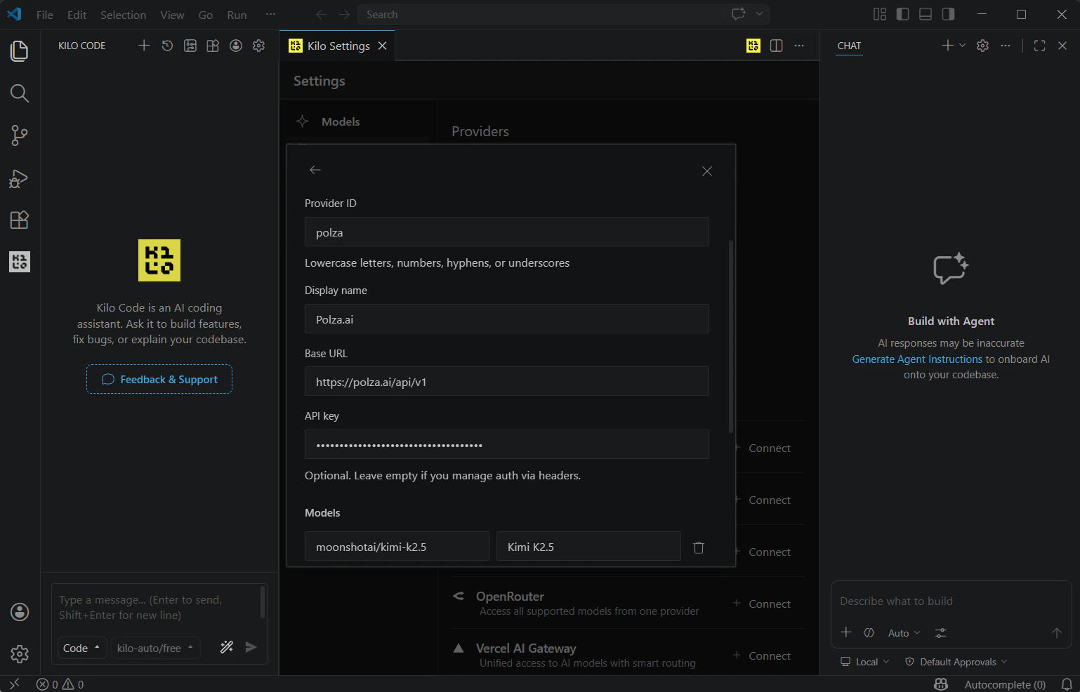 Настройки подключения Polza.ai в Kilo Code