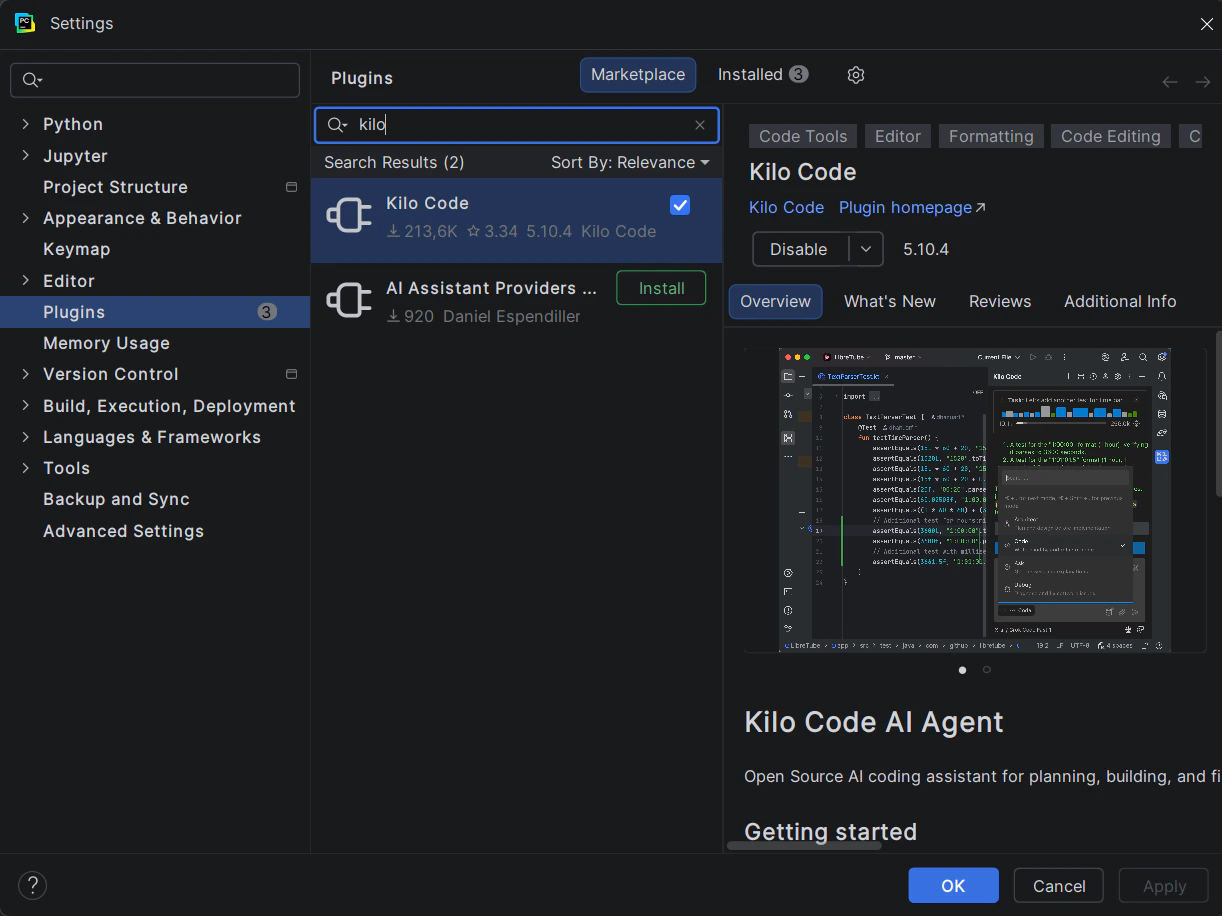 Поиск плагина Kilo Code в Marketplace PyCharm