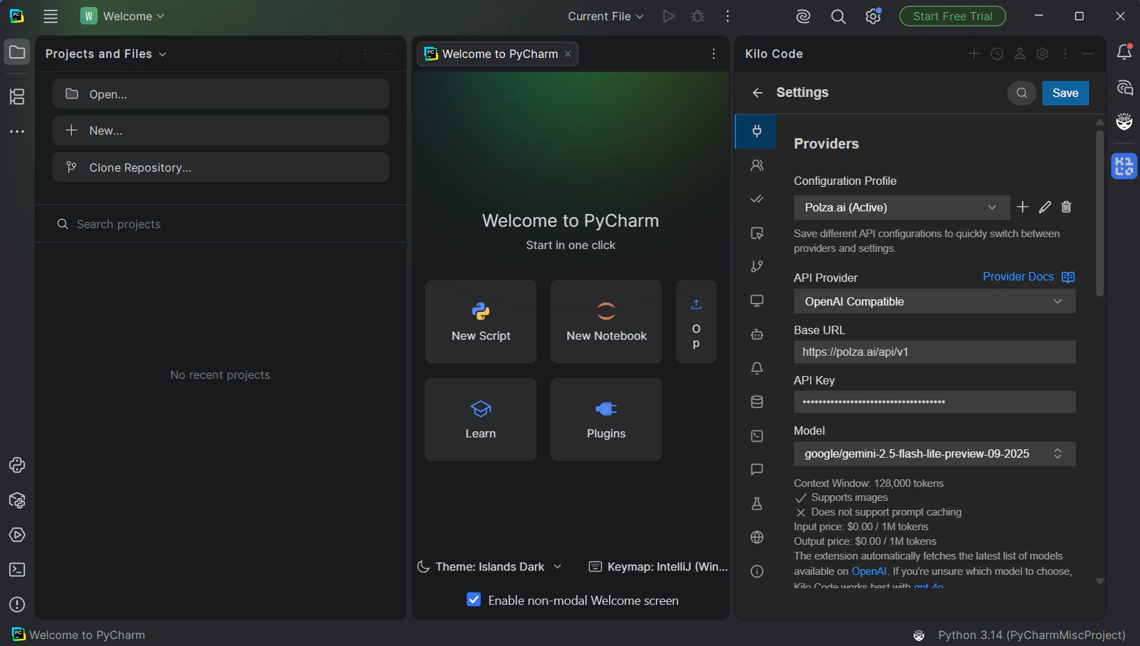 Настройки провайдера Polza.ai в Kilo Code для PyCharm