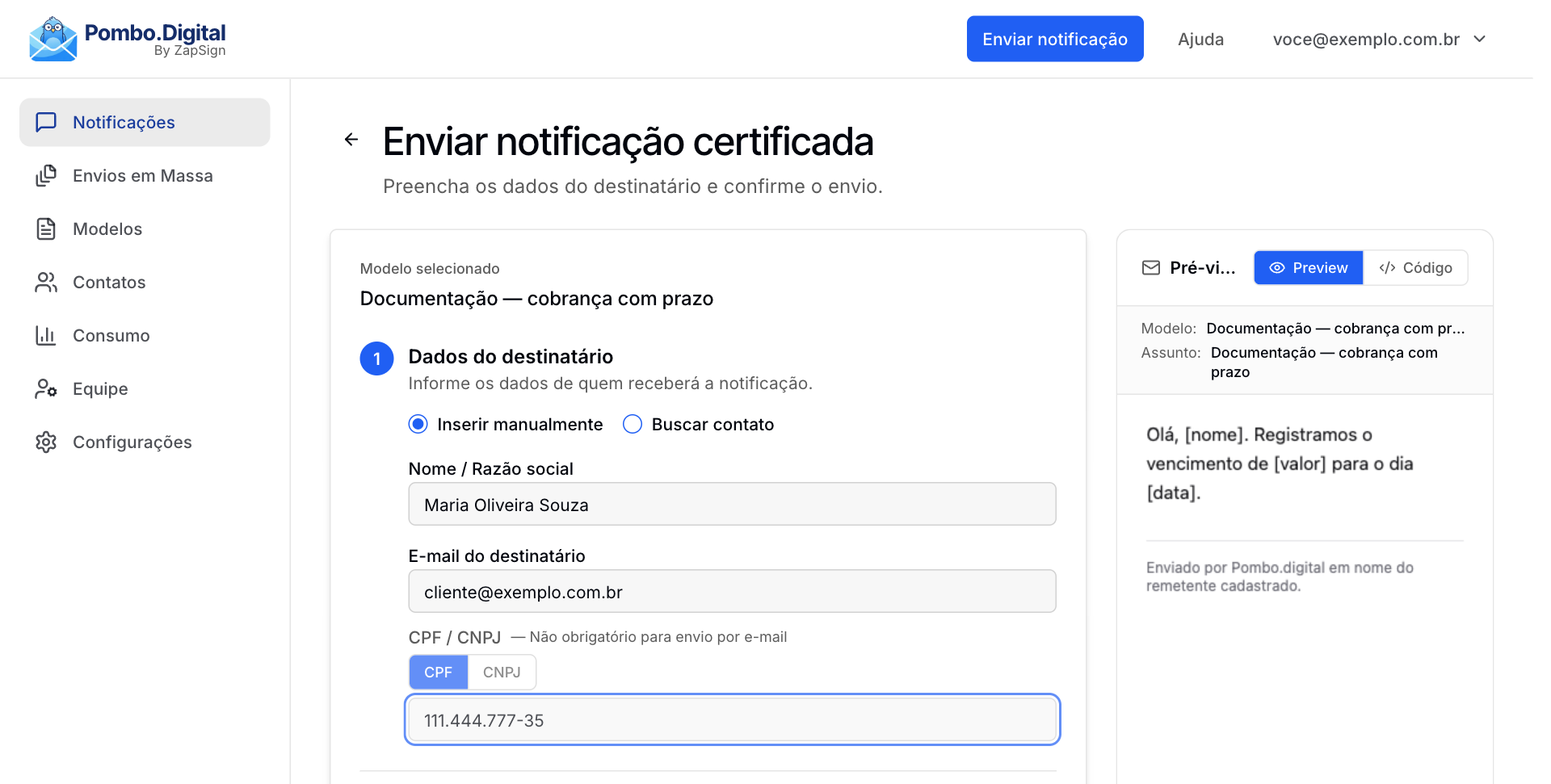 Formulário de envio com os dados do destinatário preenchidos e a pré-visualização da mensagem ao lado