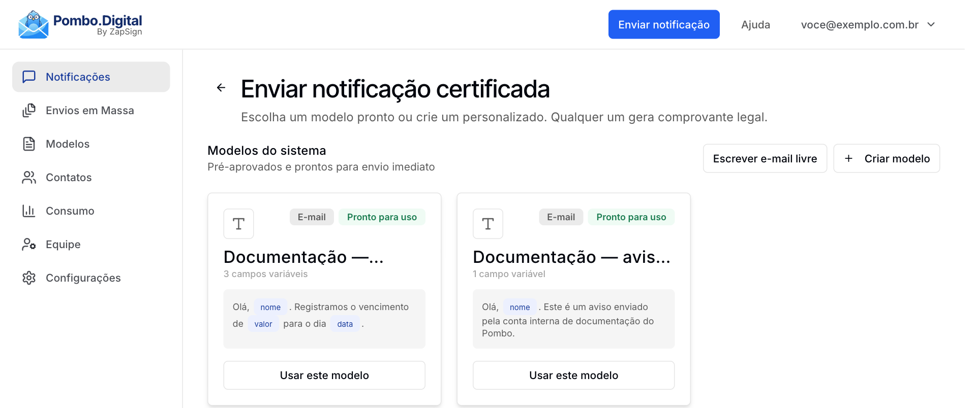 Modelos do sistema no envio por e-mail, cada card com o canal, a etiqueta Pronto para uso, uma prévia do texto e os campos variáveis
