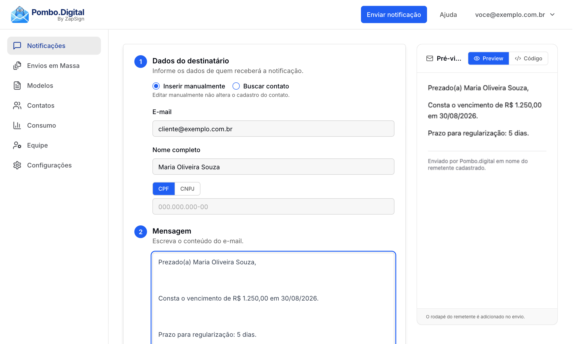 Composição de e-mail livre com os dados do destinatário, o corpo da mensagem e a prévia do e-mail ao lado