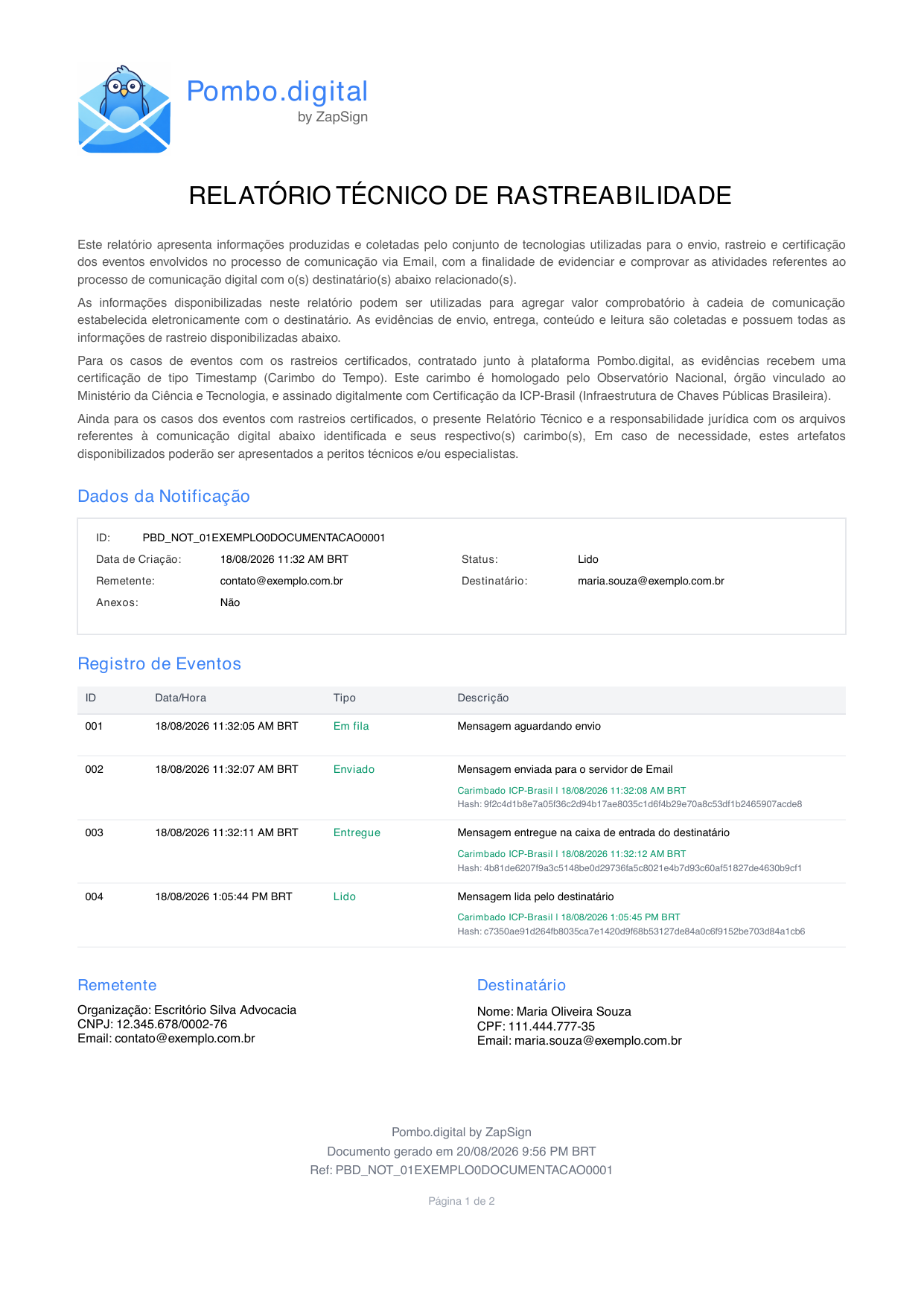 Primeira página do Relatório Técnico de Rastreabilidade, com o título, a explicação técnica, os Dados da Notificação, o Registro de Eventos e os blocos de Remetente e Destinatário