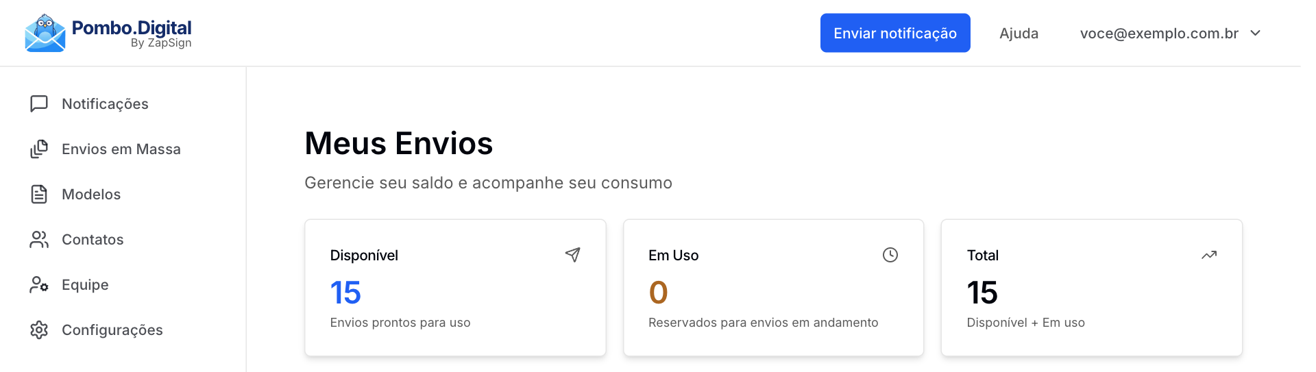 Página Meus Envios com os três cartões de saldo: Disponível, Em Uso e Total