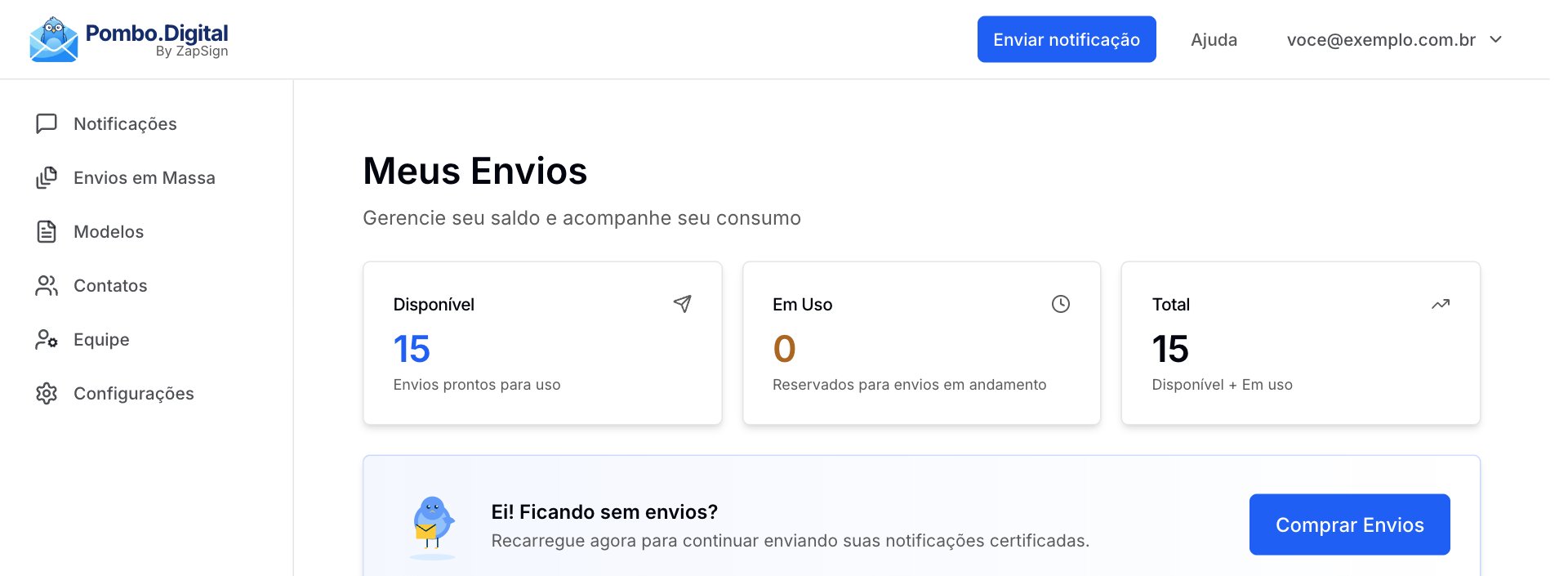 Saldo de envios no topo do painel, aberto para mostrar o detalhe dos envios disponíveis