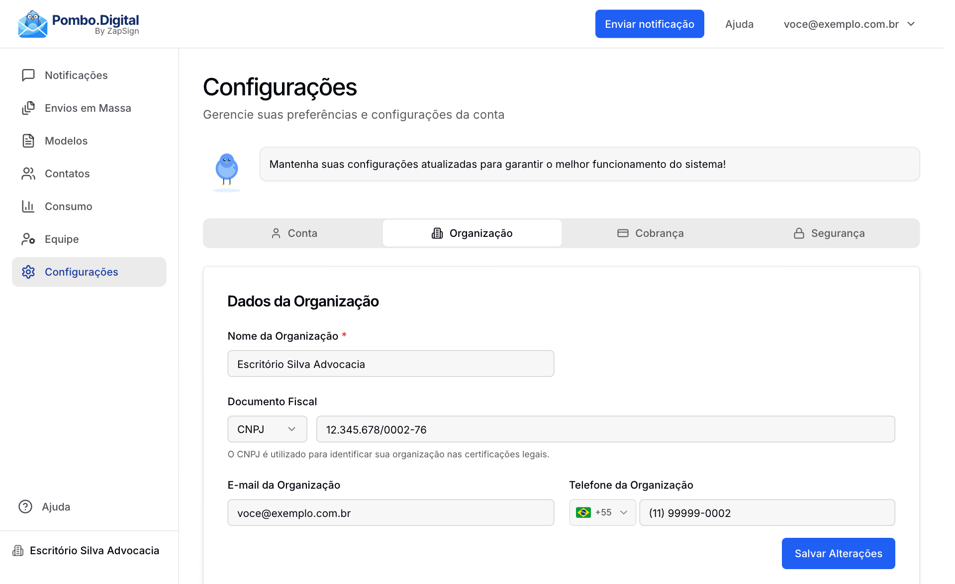 Aba Organização das configurações, com o seletor entre CPF e CNPJ e os dados que identificam a organização