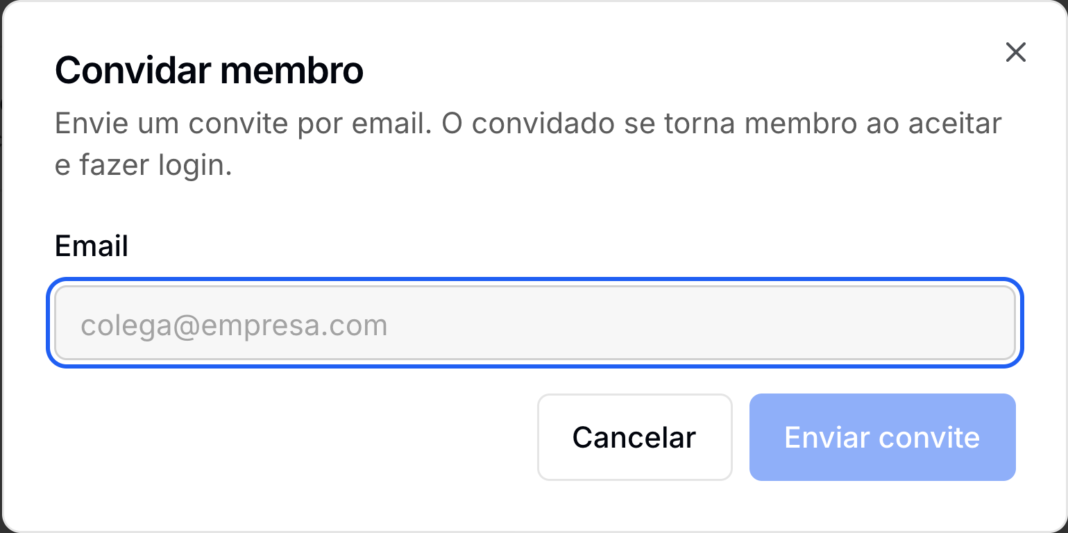 Janela Convidar membro com o campo de e-mail e o botão de envio do convite