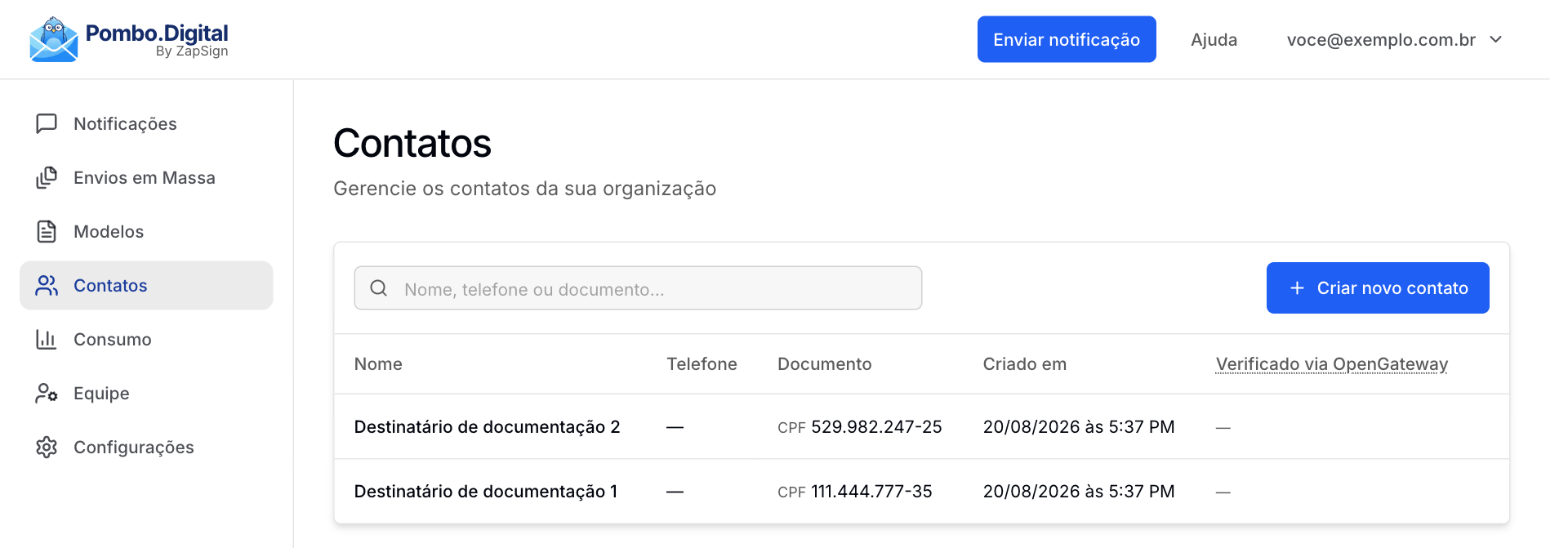 Página Contatos com o campo de busca, o botão Criar novo contato e a tabela com nome, telefone, documento e data de criação