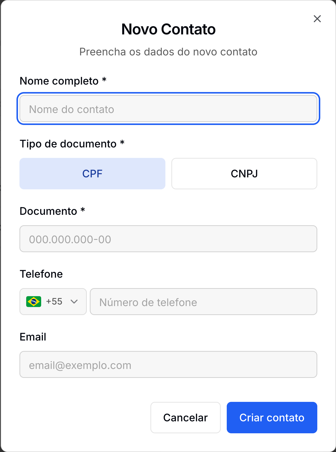 Janela de criação de contato com os campos de nome, telefone e e-mail e o seletor entre CPF e CNPJ