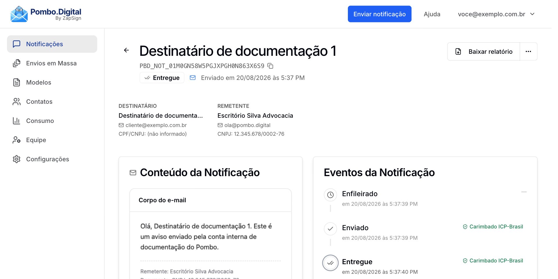 Tela de uma notificação entregue, com a situação Entregue, os eventos carimbados e o botão Baixar relatório