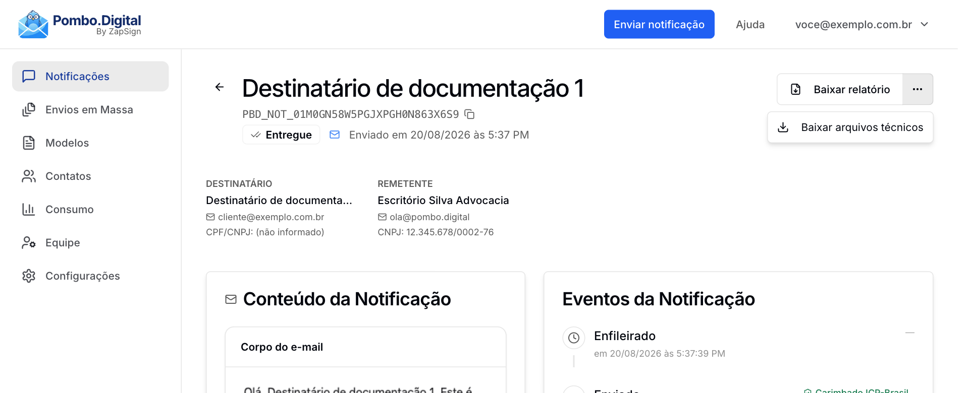Cabeçalho da notificação com o botão Baixar relatório e o menu de mais opções de download ao lado