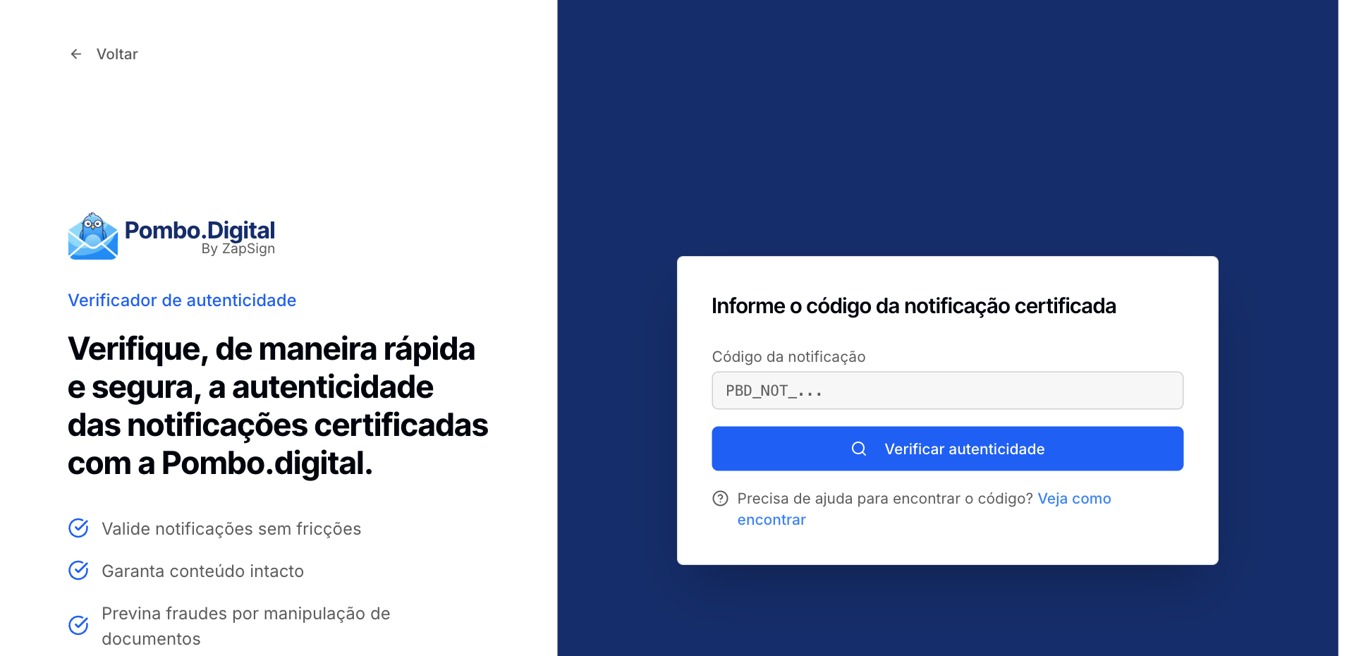 Página pública de verificação de autenticidade, com o campo para o código da notificação
