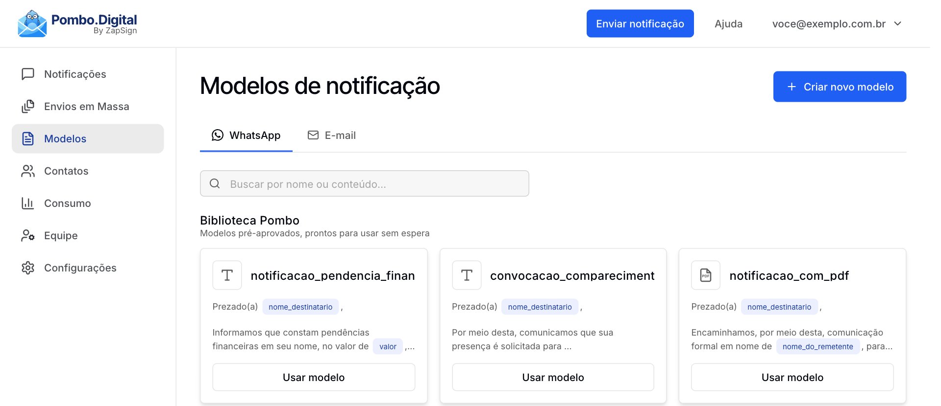 Página Modelos de notificação com as abas WhatsApp e E-mail e a seção Biblioteca Pombo com três modelos prontos