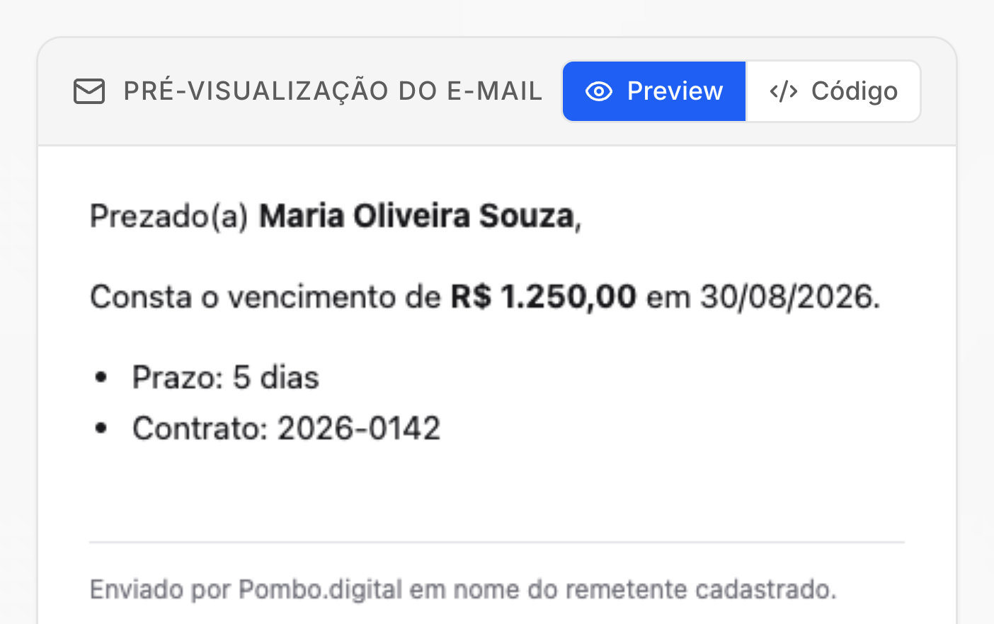 Pré-visualização do e-mail com o nome e o valor em negrito e as condições em lista