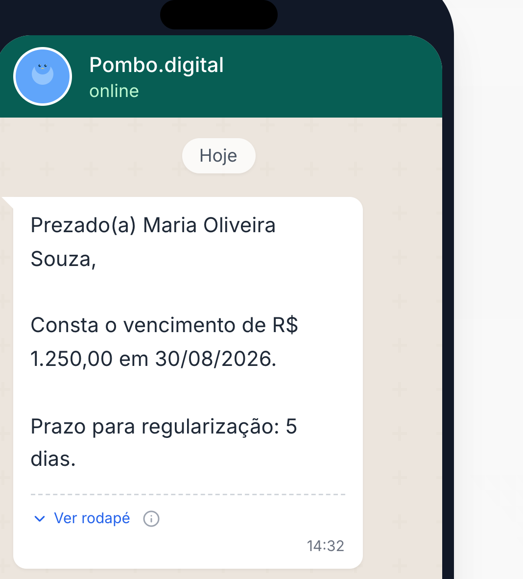 Pré-visualização do WhatsApp num aparelho, com a mensagem de cobrança em texto simples