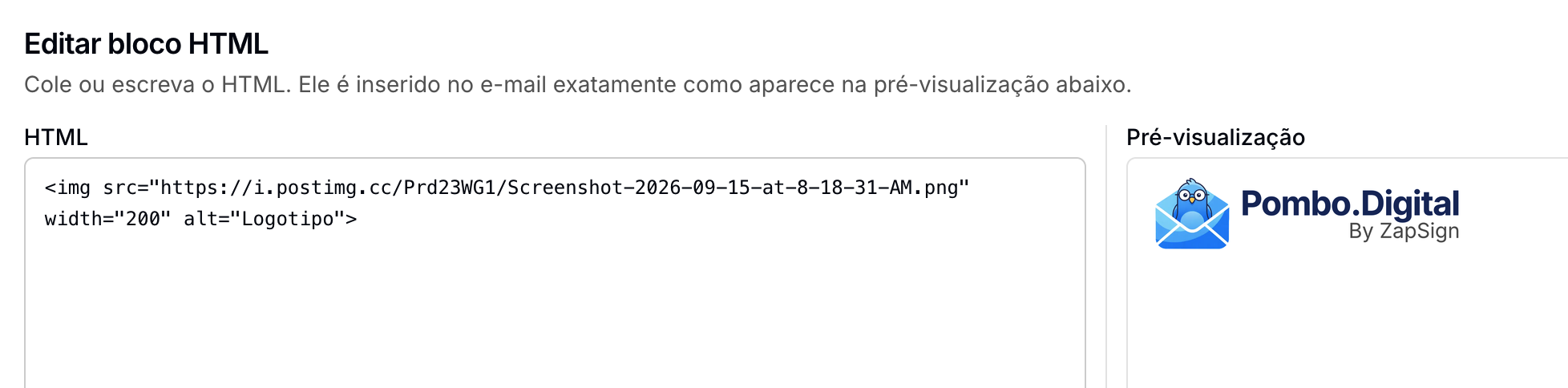 Diálogo Editar bloco HTML com o código da imagem à esquerda e o logotipo renderizado na pré-visualização à direita