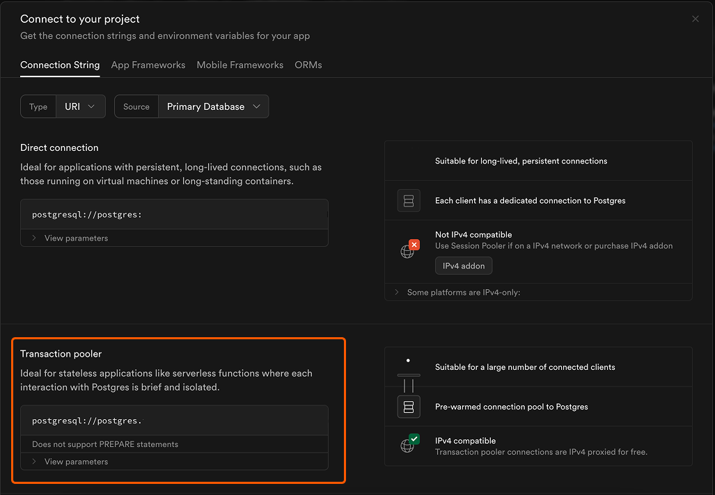 Supabase Transaction Pooler Connection String