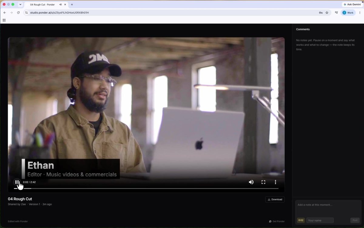 A Ponder share link open in a browser, with the video, a Download button and a Comments panel