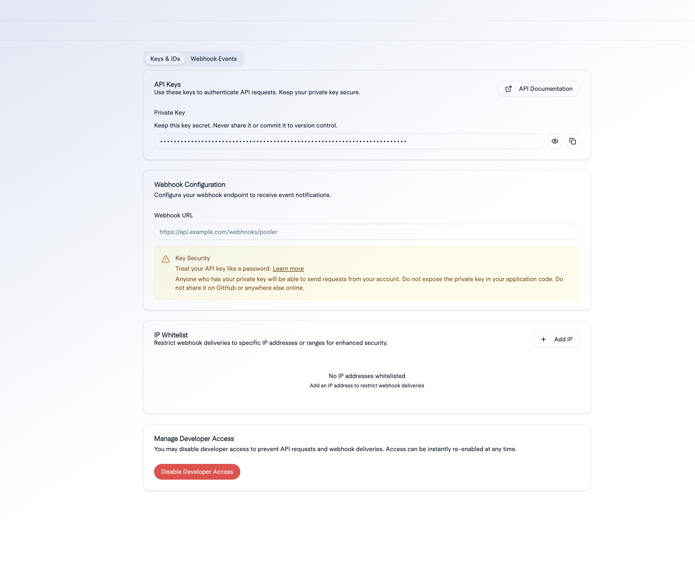 Developers Page - API Keys