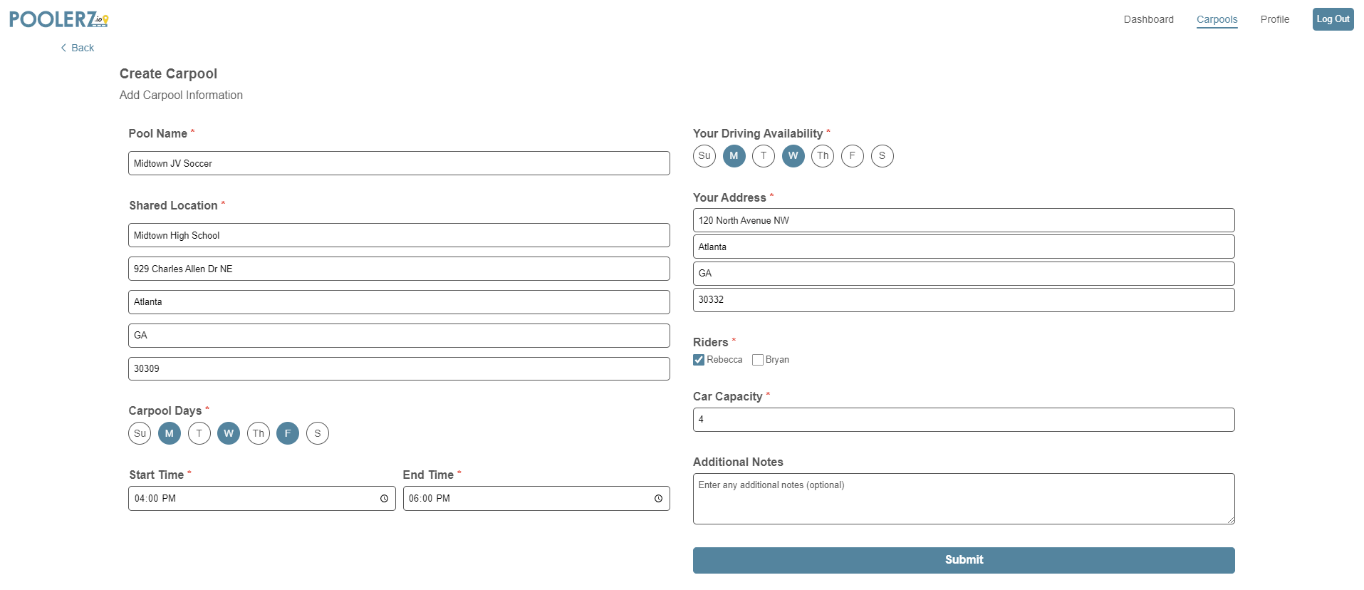Create Carpool Page