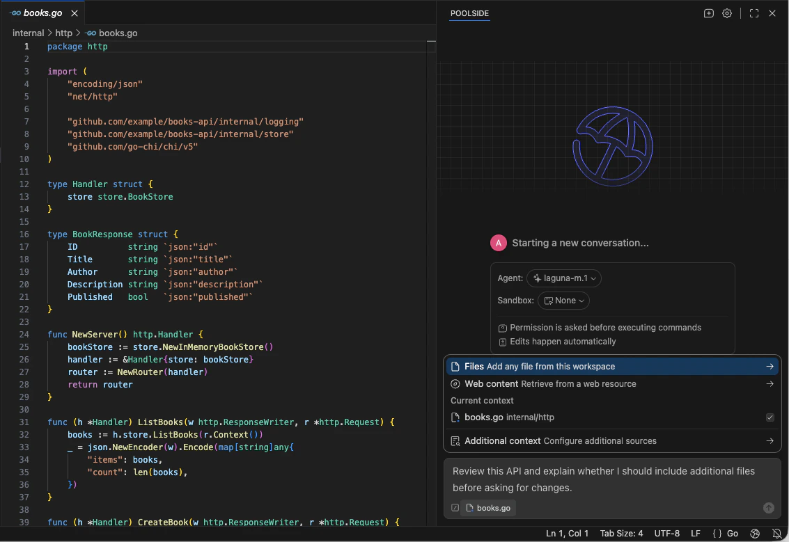 Poolside Assistant context menu in VS Code showing file, web content, and additional context options