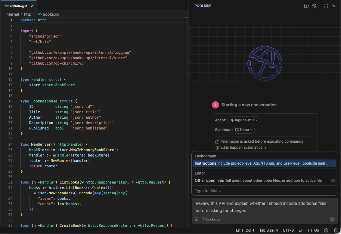 Poolside Assistant additional context picker in VS Code showing workspace-derived context sources