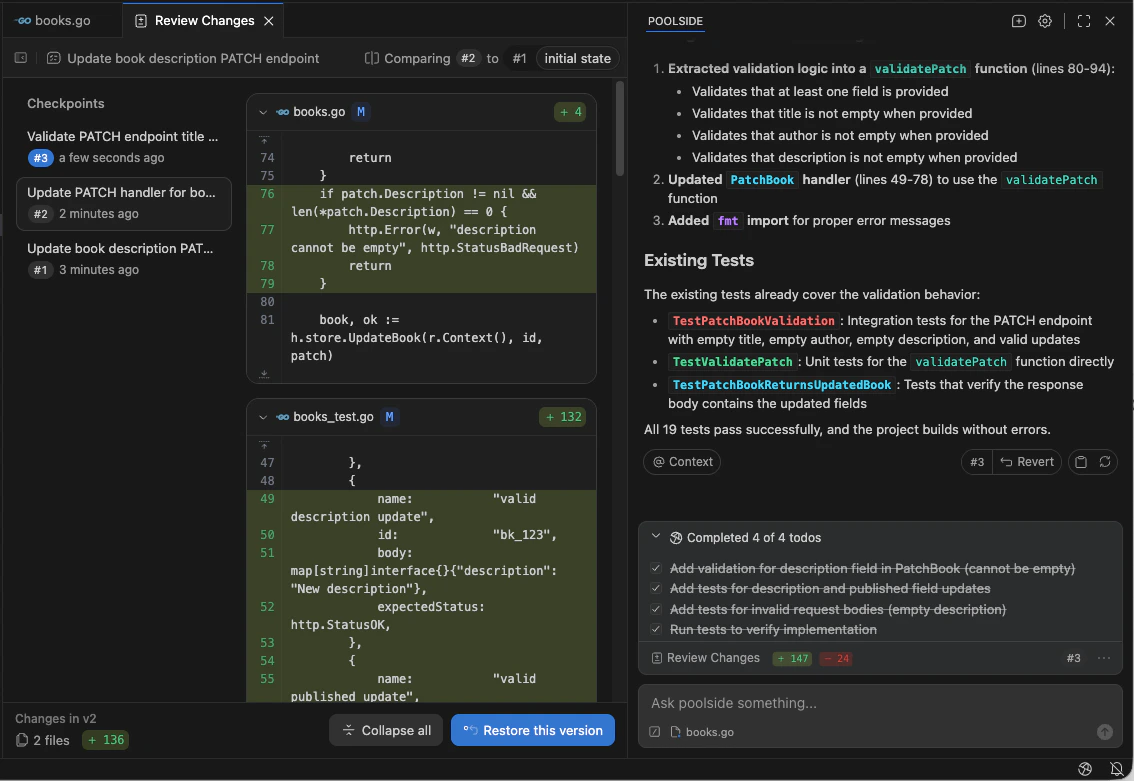 Review Changes tab showing multiple checkpoints and the Restore this version action for an earlier checkpoint