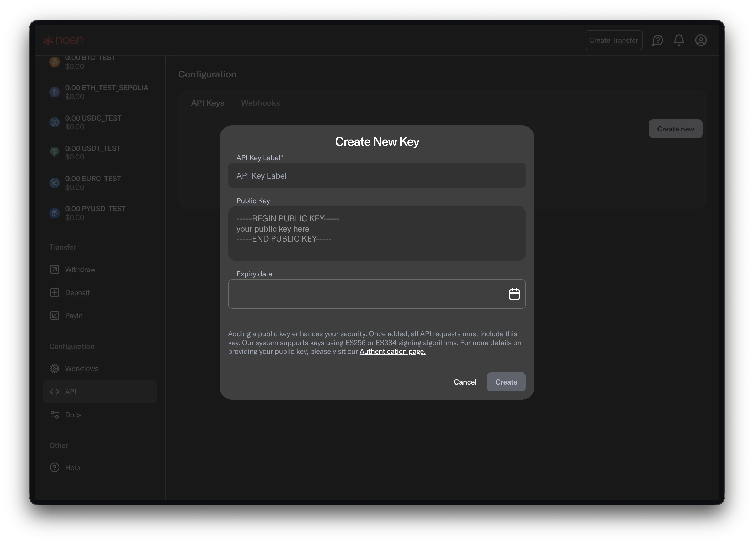 Noah Dashboard create key modal showing API key label and public key fields