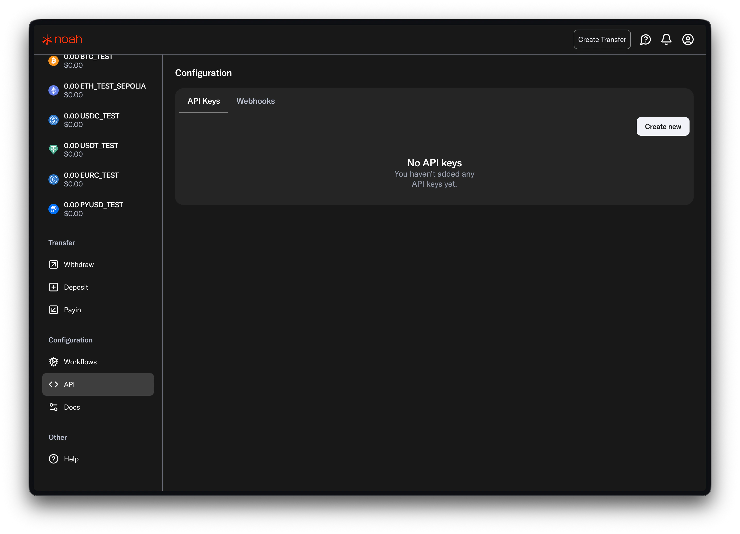 Noah Dashboard API configuration section showing API Keys and Webhooks tabs