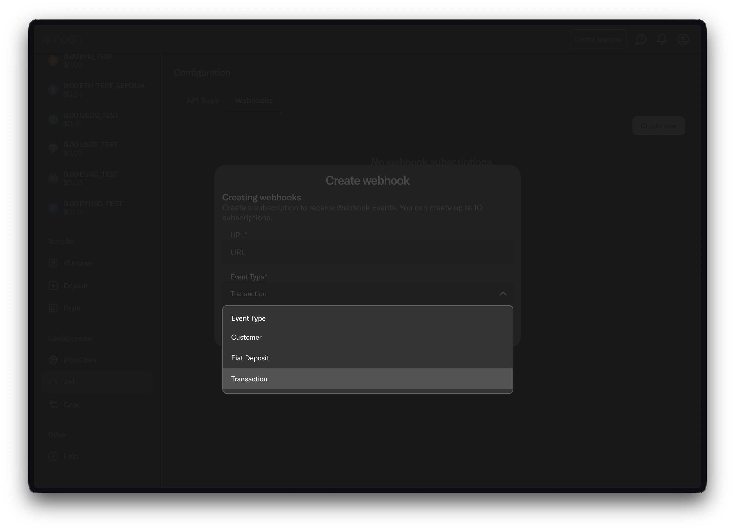 Noah Dashboard event type dropdown showing Customer, Fiat Deposit, and Transaction options