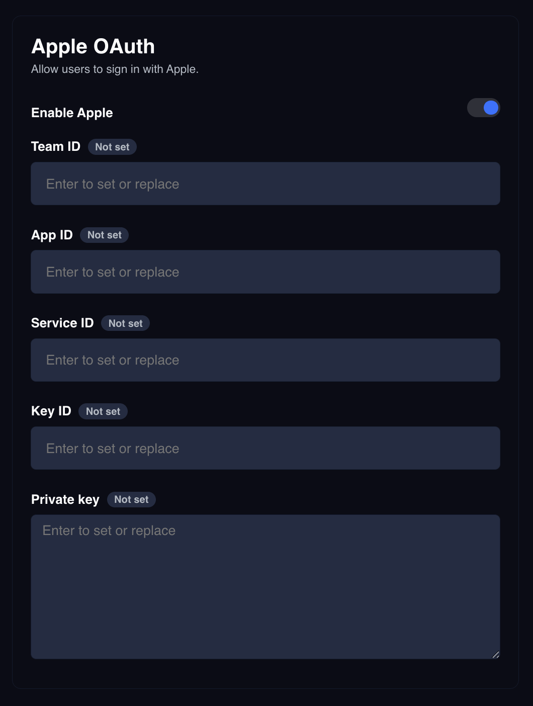 Apple OAuth section with the enable toggle and the Team ID, App ID, Service ID, Key ID, and Private key fields
