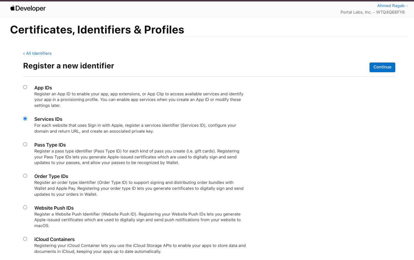 Apple Developer register a new identifier screen with Services IDs selected