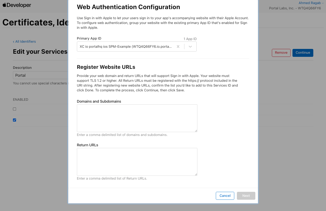 Sign in with Apple web configuration modal showing Primary App ID, Domains and Subdomains, and Return URLs